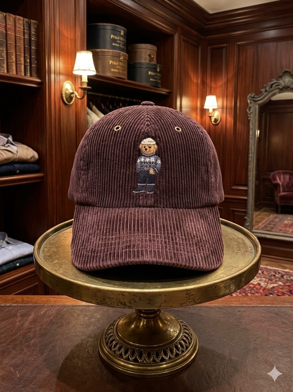 Polo by Ralph Lauren Corduroy Baseball Cap with Embroidered Bear - Brown *Rare*